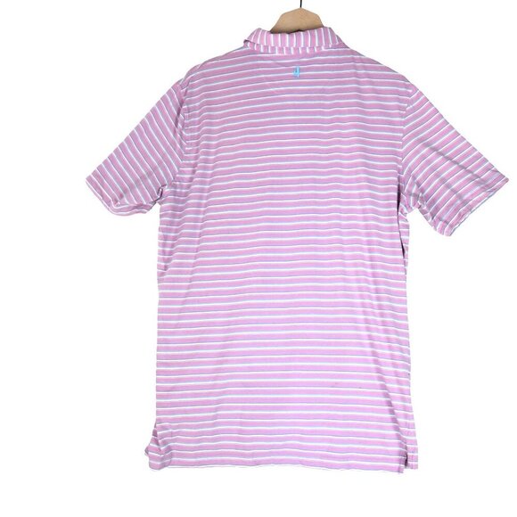 Johnnie-O Pink Blue Stripe Polo Shirt Size L  Surf Logo Beachy Preppy - Picture 2 of 7